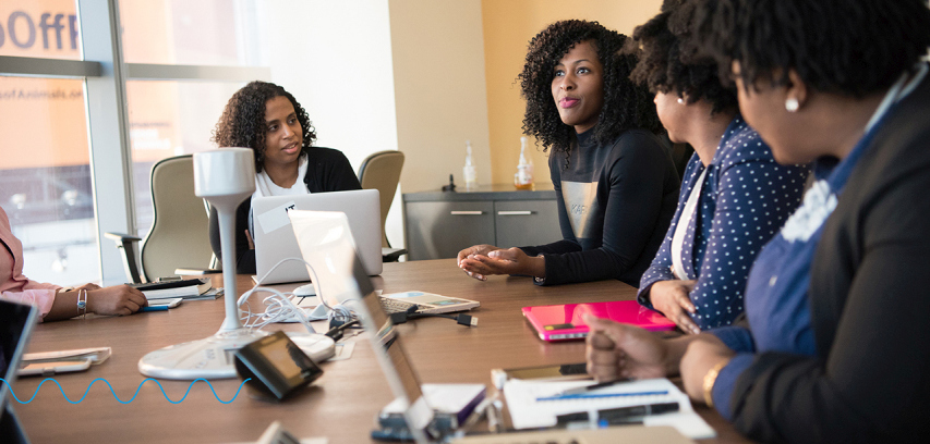 A group of colleagues meet at a conference table